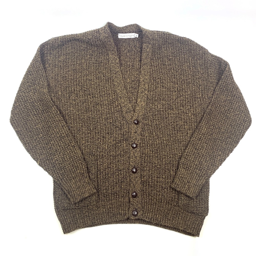 VTG Royal Night Cardigan Sweater Mens Sz XL Brown Black Chunky Buttons Fisherman